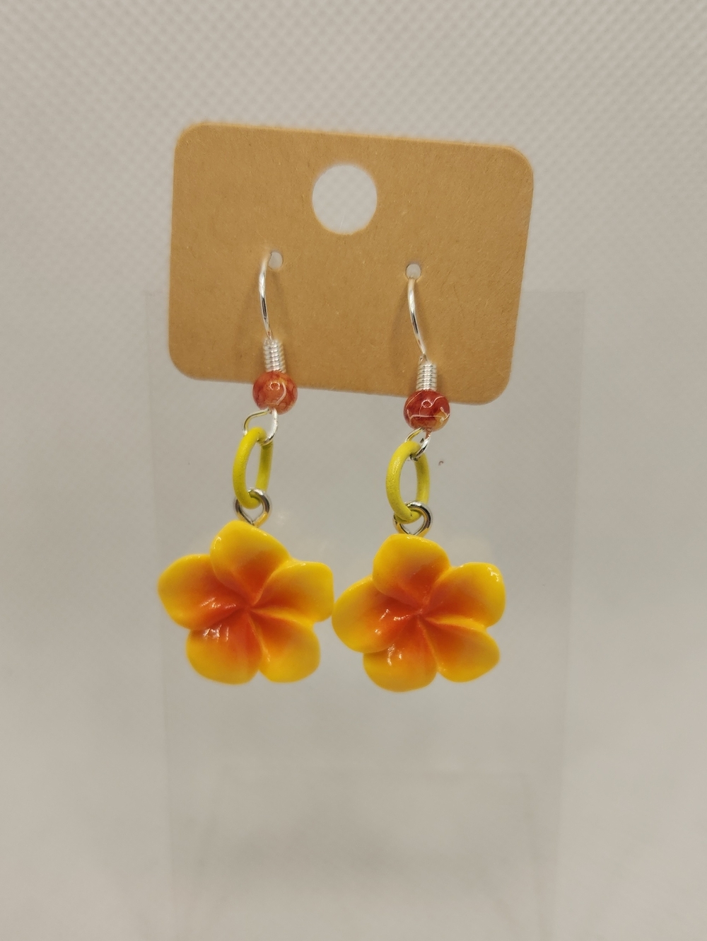 Small Yellow/Orange Plumera Flower Dangle Earrings